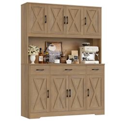 Homfa Kitchen Pantry with Hutch and Drawers, 71" Tall Storage Cabinet with 55" Wide Countertop and Built-In Power Outlet, Farmhouse Coffee Bar for Din