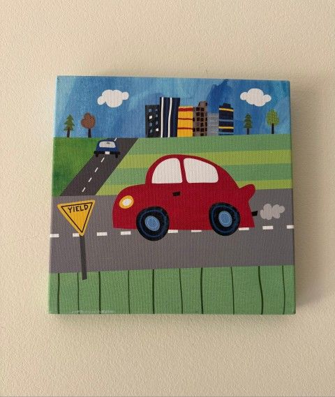 Transportation Red Car Canvas Wall Hanging Boys Room Decor 10" X 10"