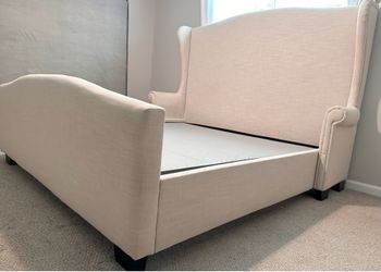 Custom King Wingback Scroll Arm Upholstered Bed Frame | Oatmeal Beige Linen Blend Fabric