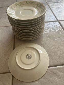 Vintage Taihei saucers (13) white and green floral pattern with silver trim #floral