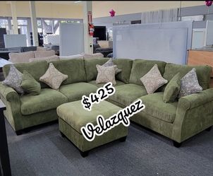 ✅✅️"4 pc sage green corduroy fabric sectional sofa with rounded arms and ottoman"✅️✅