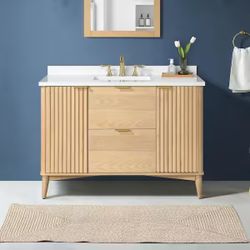 48in W Single Sink Bath Vanity in Rustic Ash with White Engineered Stone Top