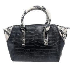 Black Crocodile & Snakeskin Embossed Genuine Leather Satchel Tote Bag