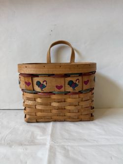 Cute Hanging Basket with Handle Made of Woven Splint Wood with a Hand-Painted Rooster and Heart Pattern