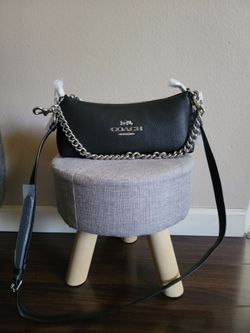 New Coach Charlotte Shoulder Bag Black Pebbled Leather Silver Chain