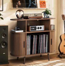 35.4" Large Round Record Player Stand, Mid Century Modern Record Storage Cabinet with Charging Station & USB Ports, Vinyl Record Player Table for Livi