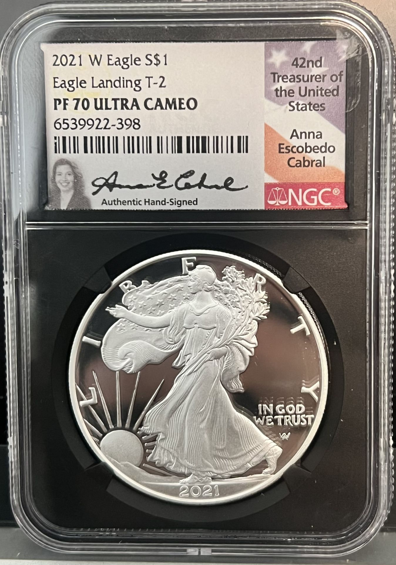 2021 W Burnished Silver Eagle Landing T-2 Type 2 Proof • VERY RARE Anna Cabral Signed Label • NGC PF70 Ultra Cameo • Total Population of 24