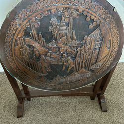 Mid 20th Century Vintage Asian Chinoiserie Carved Wood Round Tilt-Top Table