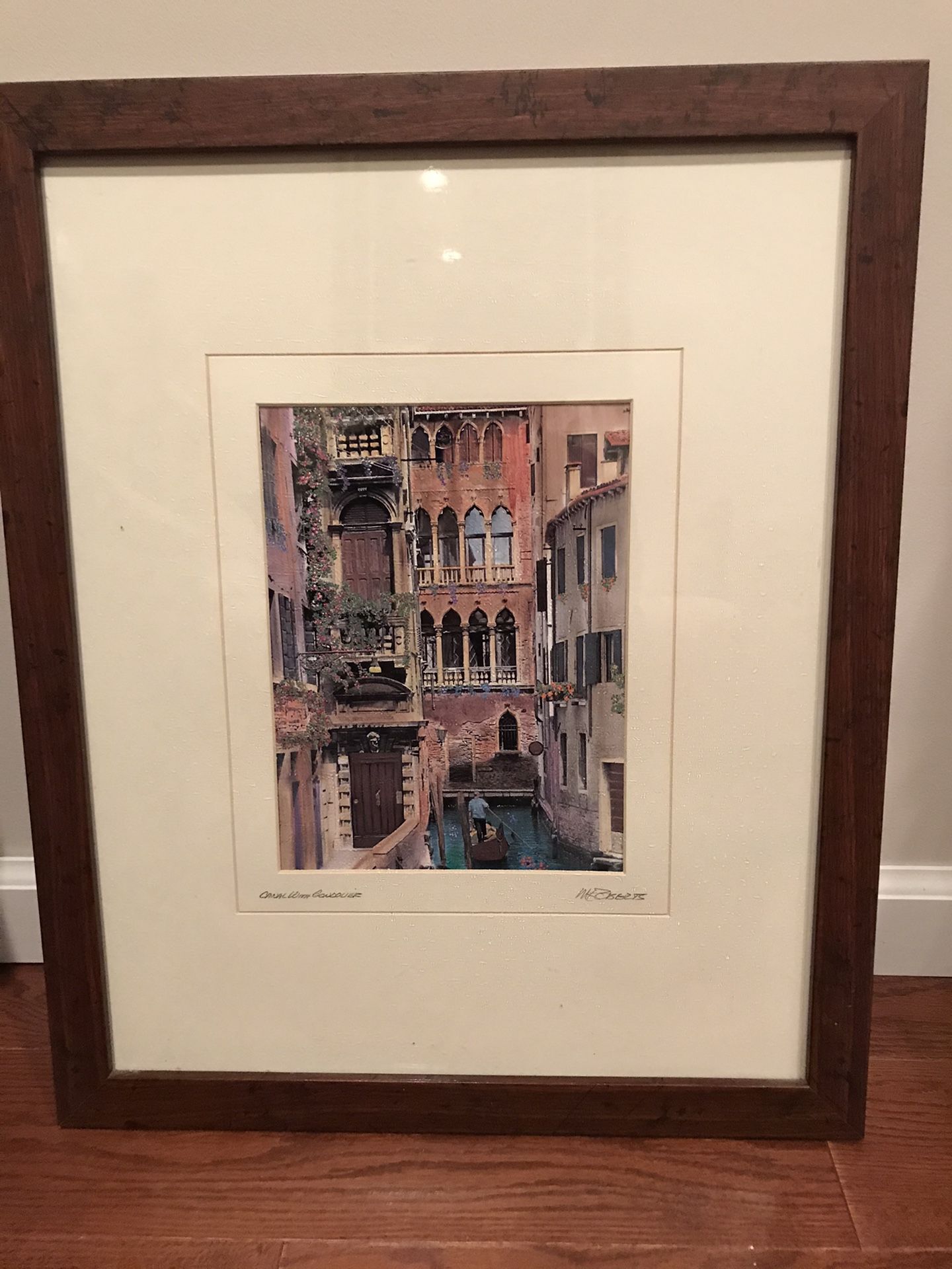 Martin Roberts “canal with gondolier” Venice Canal Italy. Glass, Matted and framed