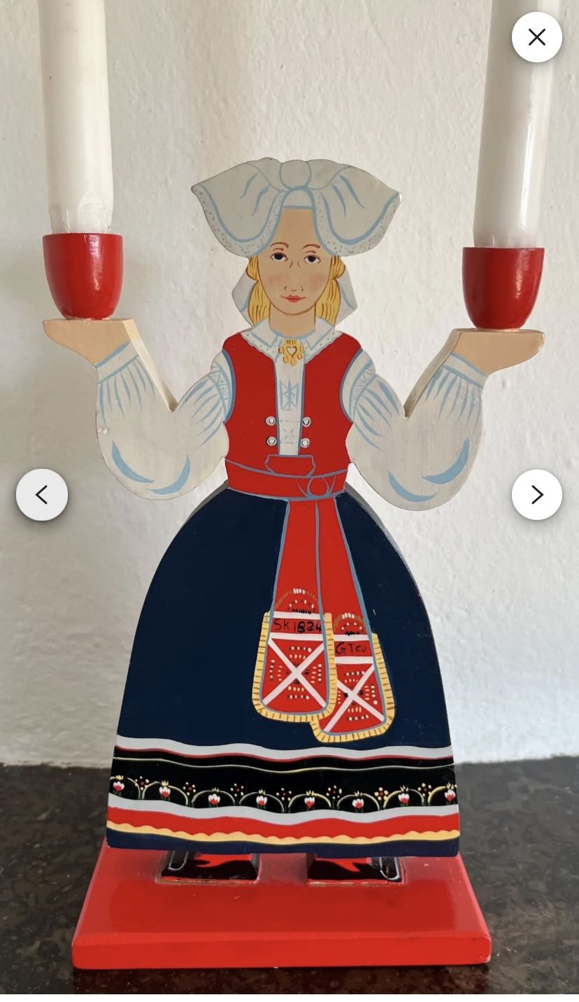 Swedish Wooden Candle Holder Folk dress 1980s Design by Lizzie Velander for IKEA of Sweden vintage Scandinavian Home Decor