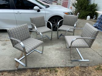 2003 Set of 4 Mies van der Rohe for Knoll Flat Bar Brno Arm Chairs Grid Fabric