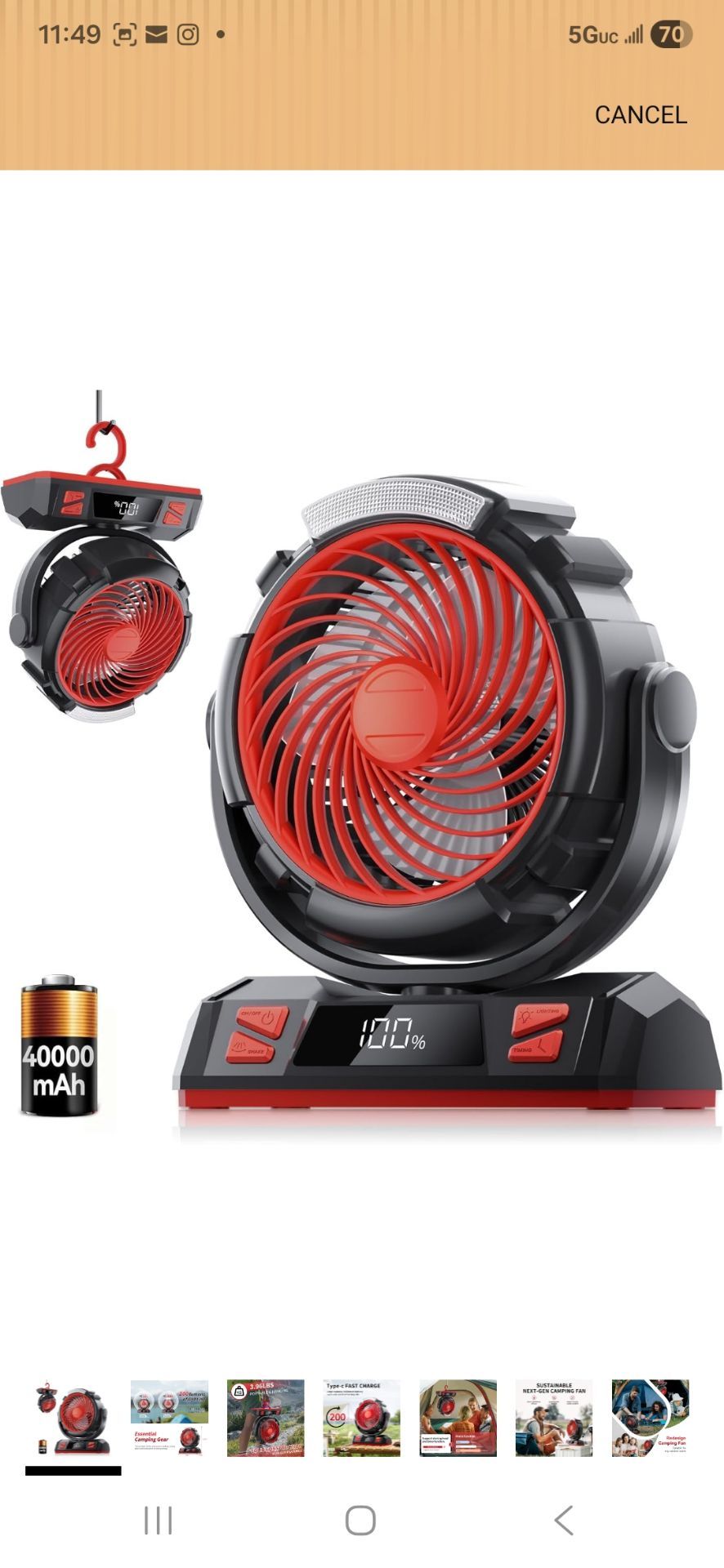 Camping LED Fan with Light, 40000mAh Rechargeable Battery
