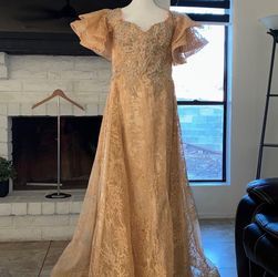 Gold Beaded Lace Flutter Sleeve Formal Gown
