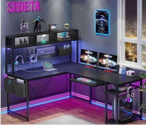 SEDETA L Shaped Gaming Desk Reversible Computer Desk with LED Lights Power Outlet, Pegboard Storage Bag, Brown