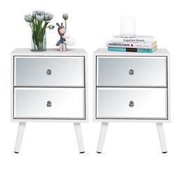 White Nightstand Set of 2, Mirrored Bedside Table Set of 2, Modern Bedroom Night Stands with 2 Drawer, Bed Side Table/Night Stand, End Tables Decorati