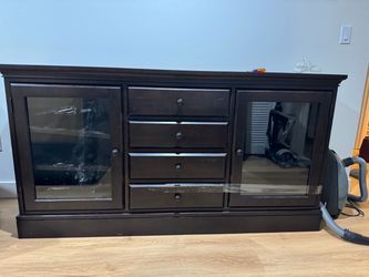 Dark Wood TV Console with Drawers and Glass Doors
