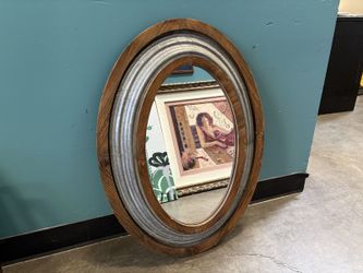 PEACOCK PARK Oval Wood Framed Wall Mirror with Corrugated Metal Accent