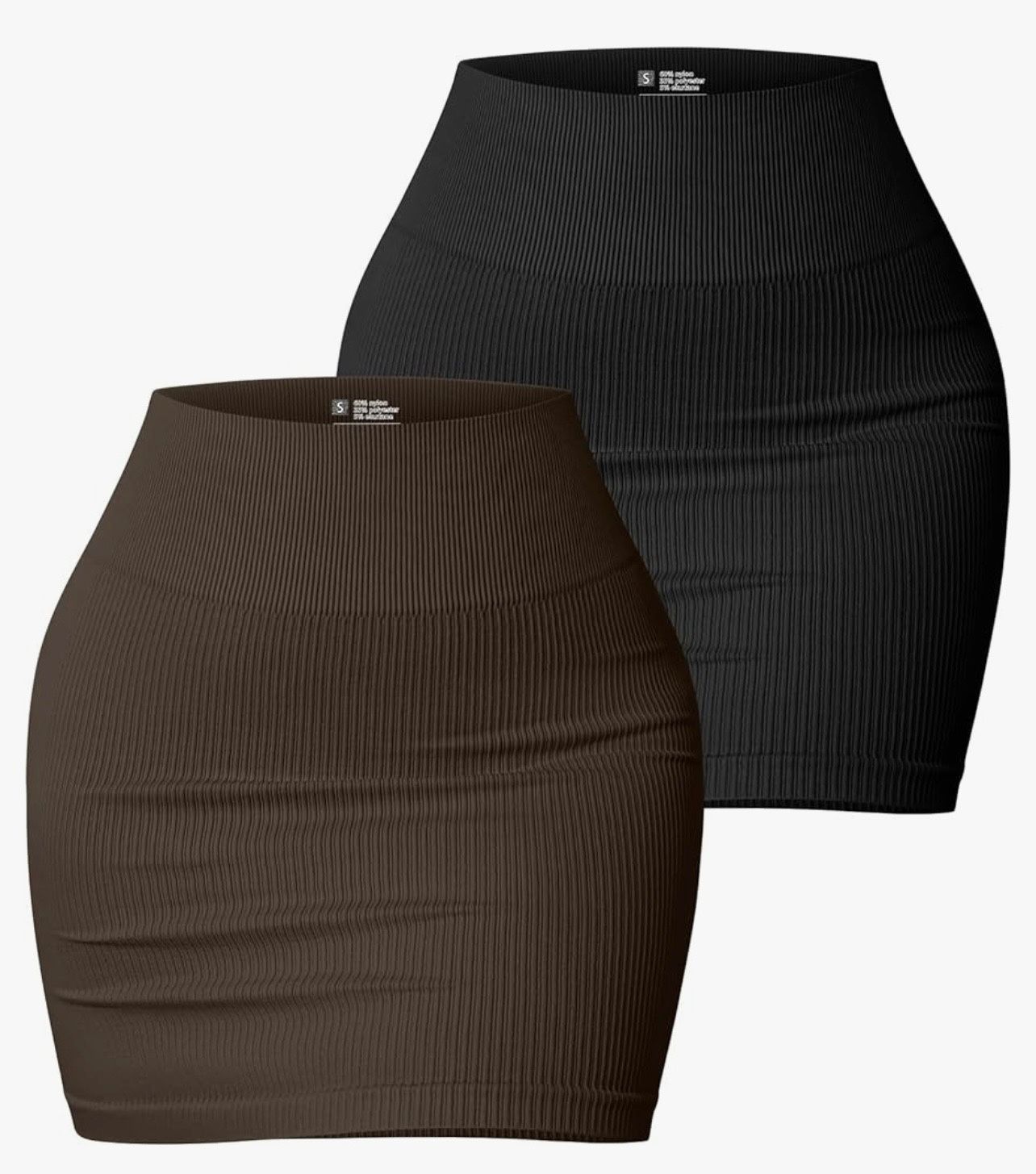 OQQ Women's 2 Piece High Waist Mini Skirts Basic Versatile Stretchy Ribbed Casual, Black & Dark Brown, Size Medium or Large.