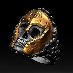 Huge 25mm Viking Warrior Demon Black Skull Biker Gold Helmet Ring - Size 11