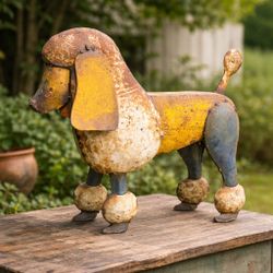 Vintage Metal Poodle Sculpture Folk Art Garden Decor Rust Patina 21” 
