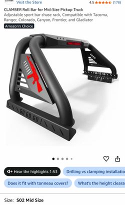 Roll Bar for Mid-Size Pickup Truck Adjustable sport bar chase rack, Compatible with Tacoma, Ranger, Colorado, Canyon, Frontier, and Gladiator