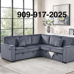 GREY CONVERTIBLE SECTIONAL WITH PULLOUT, STORAGE AND USB CONSOLE