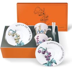 Tea Cup Set With 2 Tea Cups 2 Saucers And 2 Spoon 7 OZ Espresso Coffee Mug Vintage Creativetea Teacup And Saucer Set For Coffee,Tea,Latte, Cappuccino