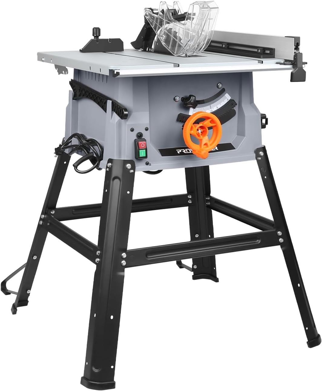 10 Inch Table Saw with Stand, 15A 5000RPM Portable Benchtop Saw, 45°Bevel Cutting Tabletop Saw for Woodworking