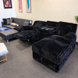 BLACK Corduroy RHF Power Recliner Sectional Sofa & Storage Chaise w/ USB + Drop Down Tray