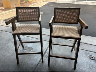 Natural  Walnut Brown Wood and Natural Rattan Counter Stool
