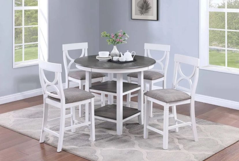 5pc Gray & White Pub Table Set includes round wood table and 4 matching upholstered chairs