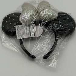 Tokyo Disney Resort Ears Headband Black Synthetic Leather White Pearls Sequins 