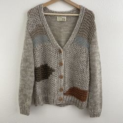 SEARS Vintage 80s Taupe Grey Patchwork Knit V Neck Button Up Cardigan Sweater