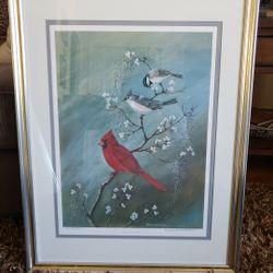 Framed Art "Cardinal, Titmouse & Chickadee" Signed By Anne Worsham Richardson- 211/2" X 27 3/4"