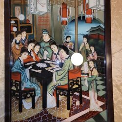 Antique Chinese Reverse Painting on Glass Court Ladies Playing Cards 20th 17x23