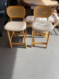New-Rattan Counter Height Bar Stools Set of 2 Upholstered Farmhouse Barstools with Cane Back Boho Wood Kitchen Island Chairs Comfy Bar Chairs for Pub/