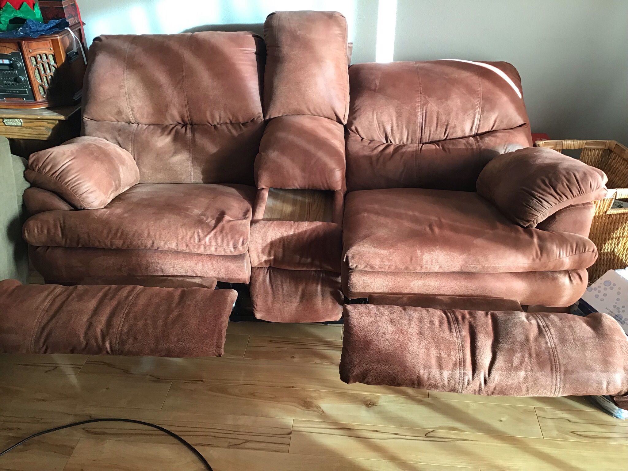 Plush Faux Suede Double TV recliner W/ tray and storage