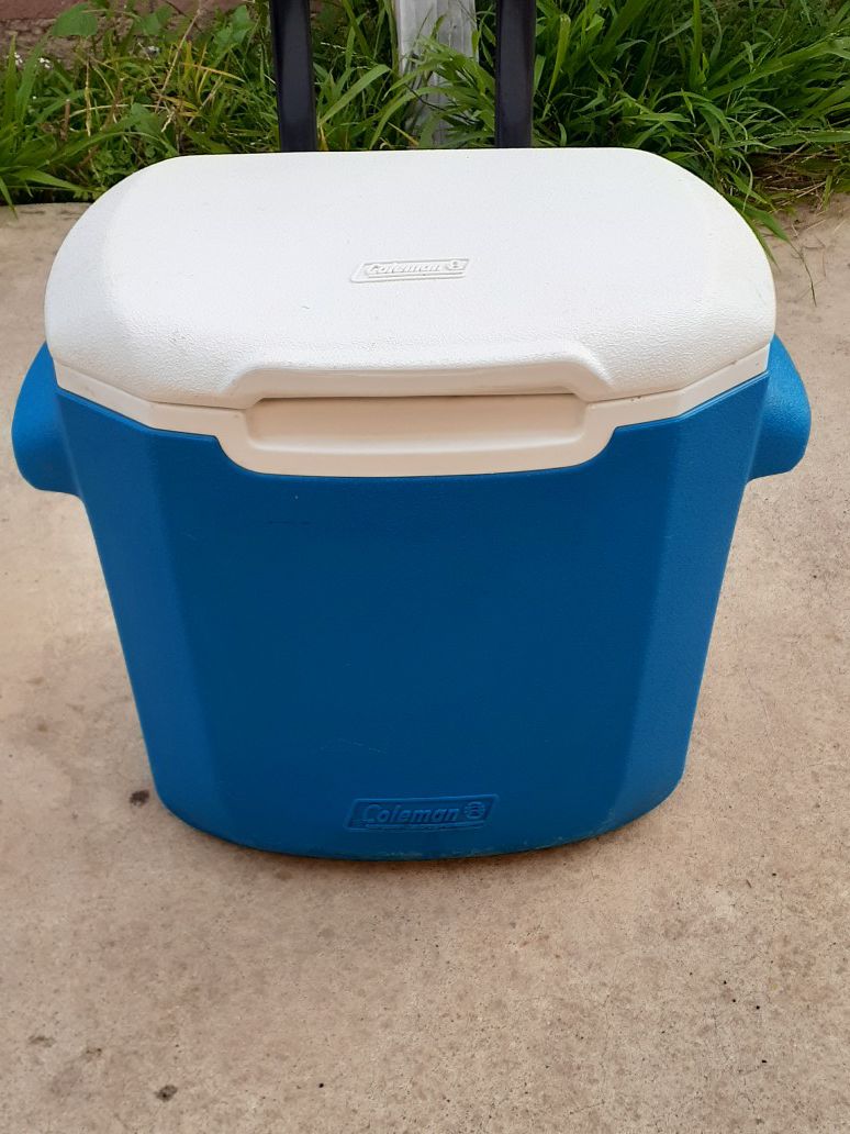 Blue ice cooler with handle and wheels