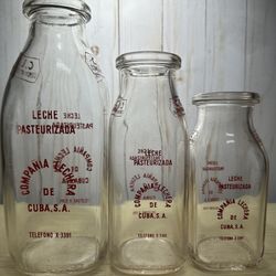 Set Of 3 Vintage Cuban Milk Bottles No Damage Rare Find!