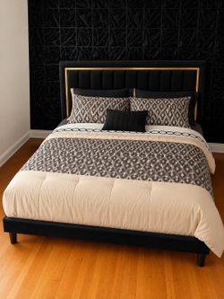 Luxury Black & Gold Queen Bed Frame w/ Upholstered Headboard
