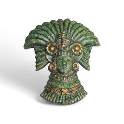 Vintage Mayan Aztec Crushed Malachite Face Mask Figurine Gold Color Accents