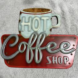 Hot Coffee Shop Embossed Metal Sign - Vintage Diner Coffee Sign.