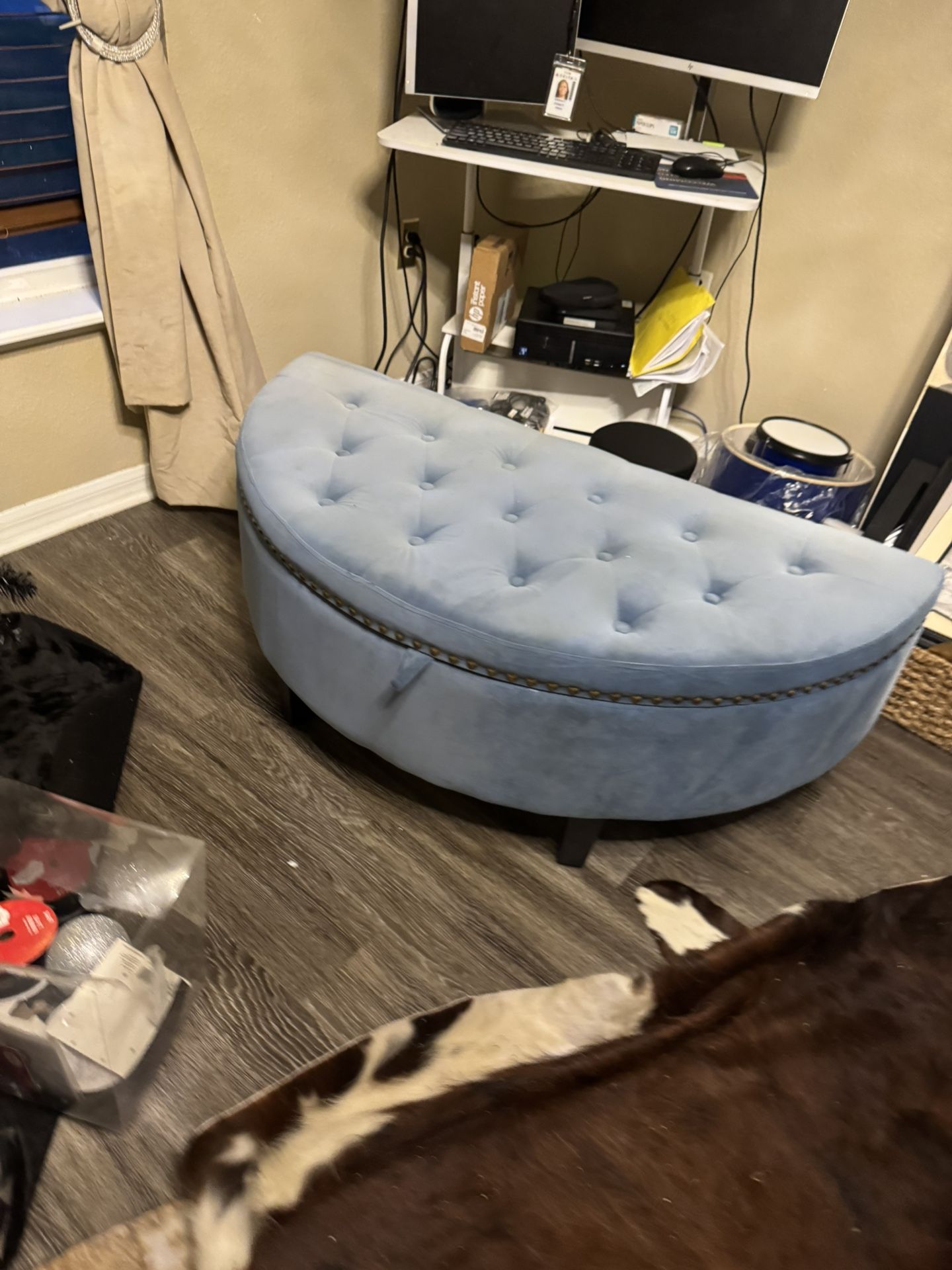 Light Blue Tufted Velvet Storage Bench / Ottoman – Excellent Condition