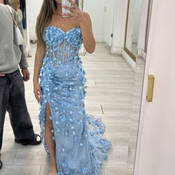 Blue Floral Sparkly Prom Dress