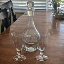Carnival Glass Decanter And Glasses Cups Vintage