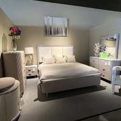 Grey King Bed, Dresser, Mirror And One Nightstand