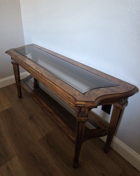 Vintage Burl Wood Console Table with Glass Top – Elegant Entryway Statement Piece