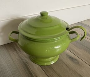 Vintage Green Enamelware Soup Tureen With Lid And Ladle 