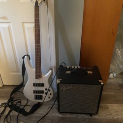 Pearl White Ibanez Electric Bass, Fender Bass Amp, Cable, Strap