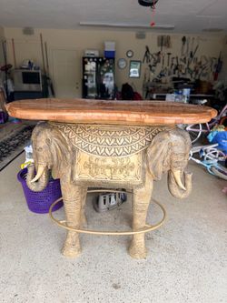 Vintage Elephant Bar Table With 2 Chairs Marble Top Wood Leather
